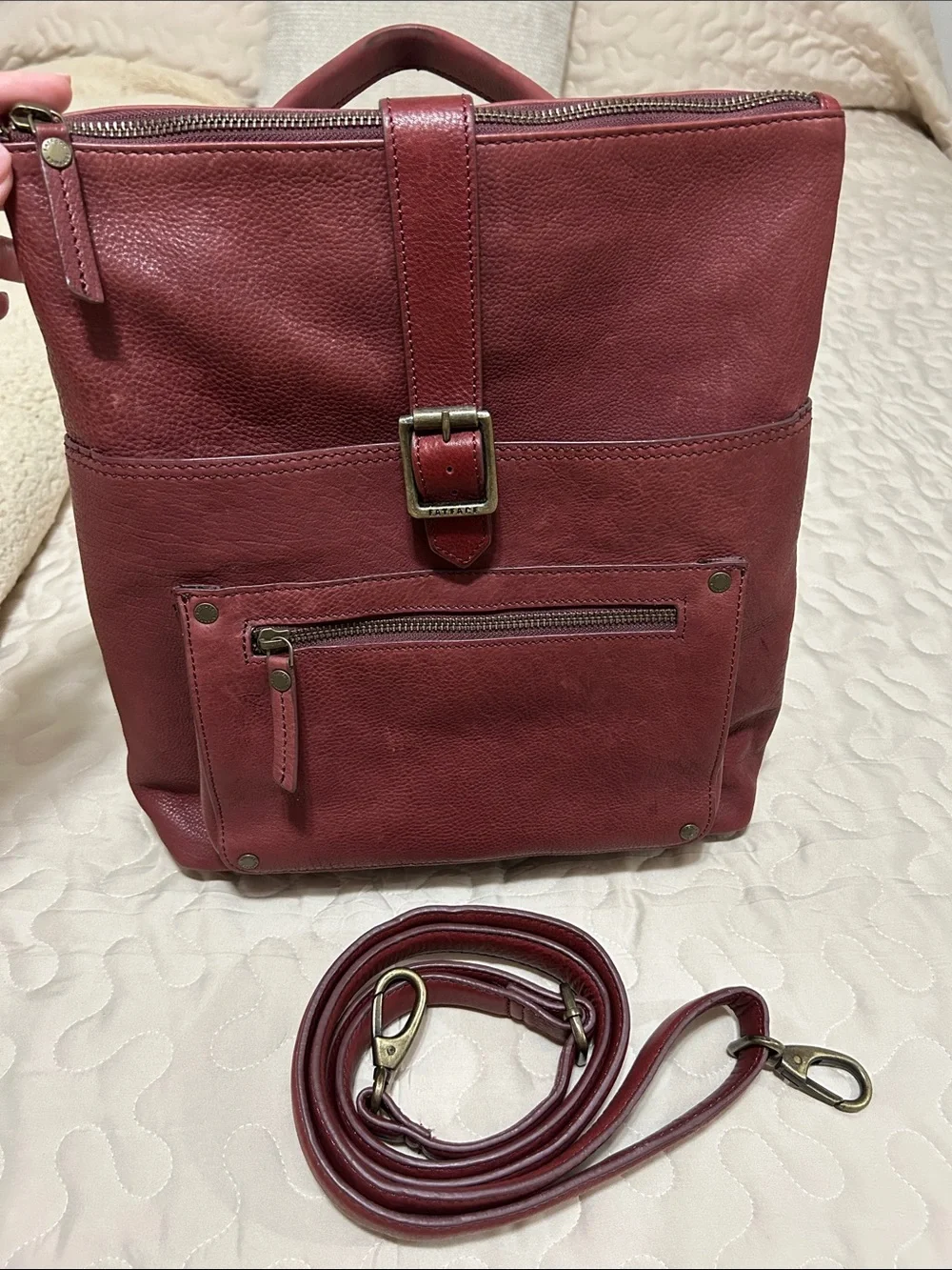 Genuine Leather Red Backpack with Front Zip Pocket